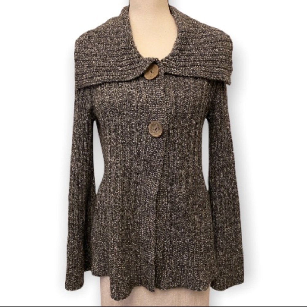 Carolyn Taylor Cardigan Sweater, Gray, Big Wood Look Buttons, Med, Flare Sleeves
